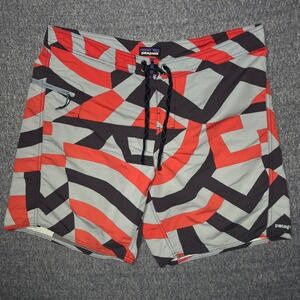 Patagonia Mens Board Shorts Size 38 Red Blue Grey Geometric Abstract Swim Trunks